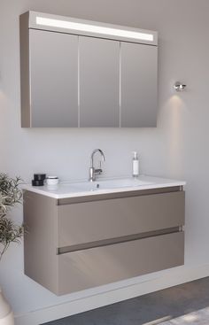 a bathroom with a sink, mirror and plant on the floor in front of it