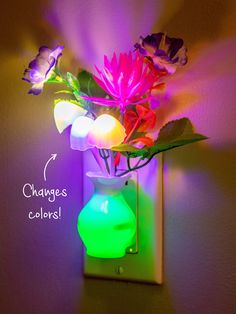 a vase filled with flowers sitting on top of a wall mounted light switch box next to a flower pot