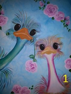 an oil painting of two ostriches with flowers in their beaks and one is holding a flower