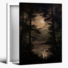 a painting of trees and water with the moon in the background