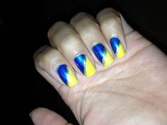 Blue And Yellow Pedicure Ideas, Blue N Yellow Nails, Michigan Wolverine Nails, Blue Yellow White Nails, Michigan Nails Wolverines, Ukrainian Nails, Blue And Yellow Nails Designs, Michigan Nails, Cheerleading Nails