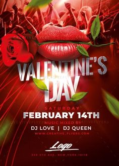 valentine's day party flyer template with lips and roses on red, green leaves