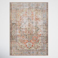 an orange, blue and beige rug on a white background