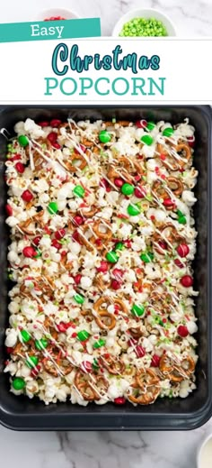 christmas popcorn in a baking pan with the title above it