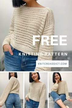 a woman wearing a crochet sweater with the text, free knitting pattern