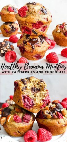 healthy banana muffins with raspberries and chocolate