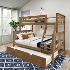 a wooden bunk bed with drawers underneath it in a white room next to a potted plant