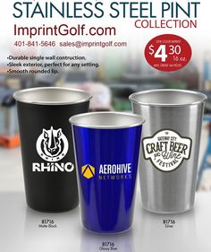 an advertisement for stainless steel pint cups with prices on the front and back sides