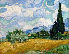 a painting of a wheatfield with trees and clouds in the background, painted by an artist