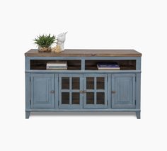 a blue entertainment center with books and plants on top