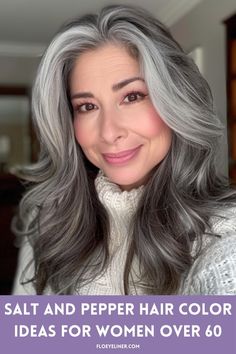 Browse our collection of elegant salt and pepper hair color ideas that will look fabulous on women over 60. From striking gray blends to silver highlights and white money pieces, there are over 55 ideas on our blog. Click the pin to see all of them now and follow us for more! Grey To Blonde Balayage, Edgy Gray Hairstyles, Balayage For Gray Hair, Grey Balayage Silver, Balayage For Graying Hair, Reverse Balayage For Grey Hair, Adding Color To Gray Hair, Balayage On Grey Hair, Balayage Silver Hair