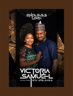 a man and woman standing next to each other in front of a black background with the words victoria samuel on it