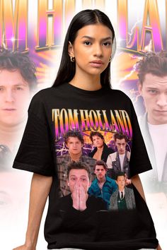 "Tom Holland Retro 90s Shirt - Tom Holland Sweatshirt - Tom Holland Fan Gift - Tom Holland Merch - Tom Holland Unisex Shirt This is our unisex shirt, and it's true to size. To get the oversized look, you have to choose +1 or +2 of your original size number. If you're not sure about your size, you can refer to our size chart. Reach out if you have any issues with your order! The unisex heavy cotton tee is the basic staple of any wardrobe. It is the foundation upon which casual fashion grows. The specially spun fibers provide a smooth surface for premium printing vividity and sharpness. No side seams mean there are no itchy interruptions under the arms. The shoulders have tape for improved durability. .: 100% cotton (fiber content may vary for different colors) .: Medium fabric (5.3 oz/yd² ( 90s Inspired Black Top With Sublimation Print, Celebrity Shirts, Vintage Rap Tees, 90s Shirts, Rap Tee, Retro 90s, Tom Holland, Workout Tee, Casual Wardrobe