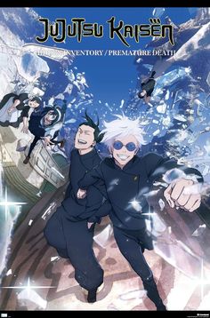 an anime poster with two men in black suits and one is pointing at the camera