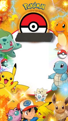 pokemon photo frame with various pikachu and other cartoon characters around the frame, all in different colors