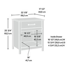 the measurements for an end table with drawers and shelves on each side, including one drawer