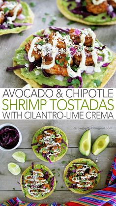 avocado and chipotle shrimp tostadas with cilantro - lime crema