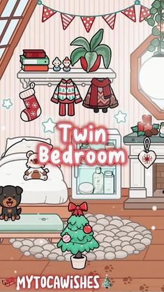 a cartoon bedroom with a christmas tree in the corner and decorations on the wall above it