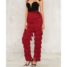 Lavish Alice High Gear Burgundy/Red Fringe Pants Women's Swing Into High Gear In These Head-Turners. For Her Collaboration With Lavish Alice Put A Twist On The Trouser, Adding Tiers Of Fringe With A Slight Sheen, A High-Waisted Fit, Silver Zip Closure At Side, And Tapered Silhouette. Size: Medium Women's Material: 100% Polyester New Without Tags Excellent Condition Fringe Pants, Lavish Alice, Red Fringe, Stylish Dresses For Girls, Stage Outfits, Dance Outfits, Upcycle Clothes, Burgundy Red, Strappy Heels