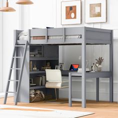 loft bed with desk underneath and ladder to the top, on hardwood floor in living room