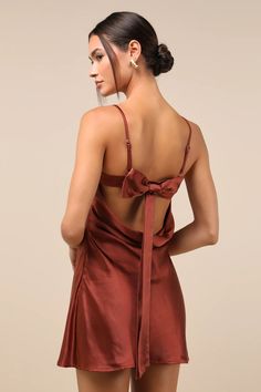 Rust Brown Mini Dress - Satin Mini Dress - Cowl Back Slip Dress - Lulus Brown Hoco Dress, Drape Dresses, Satin Hoco Dress, Mini Dress Satin, Bow Mini Dress, Trendy Bows, Brown Mini Dress, Brown Satin, Romantic Moments