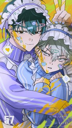 two anime characters hugging each other in front of yellow and green paint splattered background