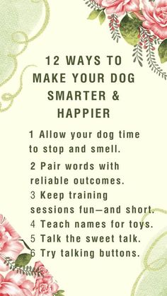 a sign with pink flowers on it that says 12 ways to make your dog smarter and happier