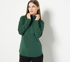 Initiating weekend mode! This sweetly ruched turtleneck in a soft cotton-blend makes your comfort a priority, so you can focus on everything else that fits into 48 off-duty hours -- or nothing at all. From Susan Graver. Spring Cotton Turtleneck, Casual Cotton Turtleneck For Spring, Cotton Turtleneck Tops For Everyday, Stretch Cotton Funnel Neck Tops, Green Funnel Neck Top For Layering, Green Turtleneck Top For Layering, Everyday Funnel Neck Tops For Spring, Everyday Funnel Neck Top, Everyday Stretch Funnel Neck Tops