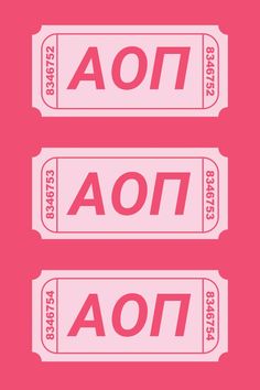 two pink tickets with the word aoi written in red and white on them, sitting next to each other