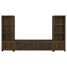 an entertainment center with shelves and drawers on each side, one door open to reveal the other