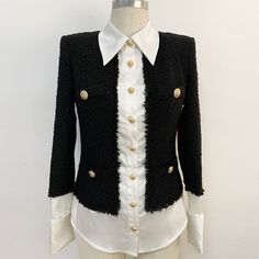 The classic and simple lines of this scuba double-breasted jacket are overturned by retro details. Features a cotton undershirt. The concave shoulders and the large shirt collar remind of Bianca Jagger’s 70’s style. Jewel buttons fastening. Two flap pockets. Inner lining.[custom tab] FABRIC #1: 54% POLYESTER 44% WOOL 2% ELASTANE | LINING #1: 100% VISCOSE | INSERT #1: 100% ZINC (ZAMAK?) | INSERT #2: 100% ACRYLONITRILE BUTADIENE STYRENE (ABS) [/custom tab] Tweed Shirt, Leather Blouse, 70’s Style, Gilet Long, Marissa Collections, Satin Shirt, Large Shirts, Fashion Weeks, Satin Material