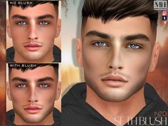 three different angles of the face of a man with blue eyes and no blushes