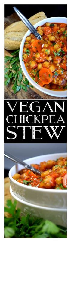 two pictures with the words vegan chickpea stew in black and white letters