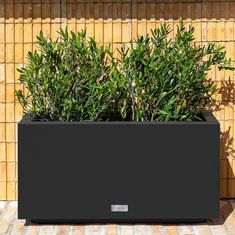 a black planter sitting in front of a wooden fence with plants growing out of it