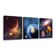 three canvases with planets in the background