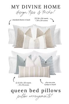 the queen bed pillows are shown in different sizes and colors, along with measurements for each pillow