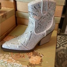 Beautiful Rhinestone Booties White Rhinestone Boots With Round Toe, White Rhinestone Boots For Spring, Silver Embellished Boots For Spring, Spring Silver Boots With Rhinestones, Silver Rhinestone Boots For Spring, Heeled Boots, Boots, Silver, Women Shopping