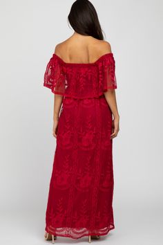 Details A lace overlay maxi dress with an off shoulder flounce neckline and empire waist. Double lined. Content + Care 100% Polyester Hand Wash Cold, No Bleach, Line Dry Import Size + Fit Length: 53" Measured From: Small Product Code: 71919 Model Stats: Height: 5'9" Bust: 34" Hips: 32" Wearing Size: Small Fitted Off-shoulder Maxi Dress With Lace Trim, Off-shoulder Lace Dress For Formal Occasions, Elegant Off-shoulder Maxi Dress With Lace Trim, Strapless Lace Maxi Dress For Formal Occasions, Strapless Lace Maxi Dress For Prom, Off-shoulder Lace Maxi Dress For Wedding, Maternity Maxi Dress, Maternity Maxi, Burgundy Lace