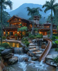 a house with a slide in front of it and palm trees around the pool area