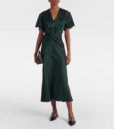 Gathered crêpe satin midi dress in green - Victoria Beckham | Mytheresa Victoria Beckham Outfits, Victoria Dress, Satin Midi Dress, Green Midi Dress, Fitted Bodice, Chic Design, Victoria Beckham, Satin Fabric, Designing Women