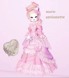 a doll is dressed in pink and has a heart shaped box next to it that says marie anionette