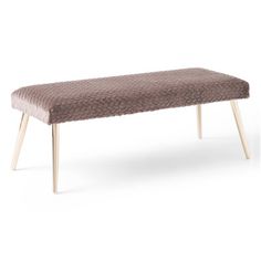 an upholstered bench with wooden legs and a brown fabric cover on the top