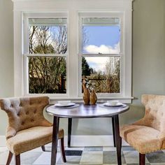 two chairs and a table in front of windows