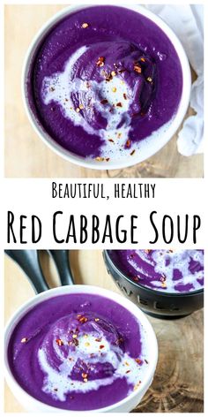 two bowls filled with red cabbage soup on top of a wooden table