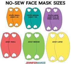 the no sew face mask sizes are shown in four different colors and sizes, with hearts