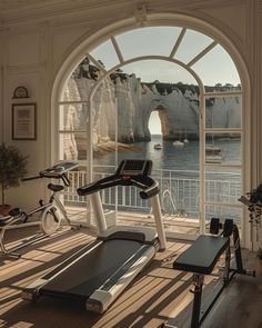 there is an exercise room with two treadmills and a view of the water