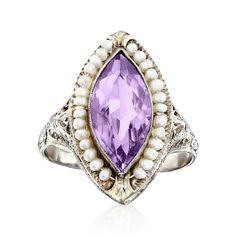 Ross-Simons - C. 1950 Vintage 2.75ct Amethyst, Seed Pearl Navette Ring Marquise Cut Size 7.25. C. 1950. Timeless luxury is apparent on this ring from our Estate collection, which hails from the Retro era - the time statement-making jewels were given their moment to shine. The sophisticated navette-style design features a 2.75 carat marquise amethyst emitting a pretty orchid hue inside an illuminating frame of shiny seed pearls. Crafted in 14kt white gold. 3/4" wide. Seed pearl and amethyst navet Navette Ring, Pearl And Amethyst, Purple Gothic, Amethyst Birthstone, Retro Era, Ring Marquise, 1950 Vintage, Timeless Luxury, Seed Pearl