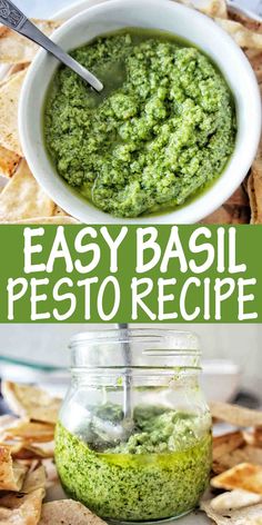 easy basil pesto recipe in a jar with tortilla chips on the side