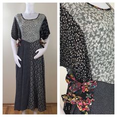 90s Zoe California Black Floral Hippie Patchwork Short Sleeve Maxi Dress, Size Medium to Large by retrorocketgirl on Etsy Bohemian Short Sleeve Patchwork Dress, Black Patchwork Short Sleeve Maxi Dress, Black V-neck Lace Patchwork Dress, Floral Ties, Short Sleeve Maxi Dress, Patchwork Shorts