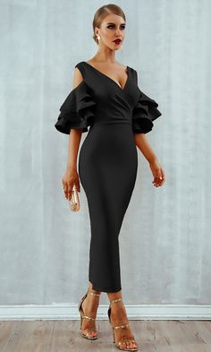 Raised Me Right Black Elbow Sleeve Ruffle Cross Wrap V Neck Cold Shoul – Indie XO Midi Club Dress, Ruffle Midi Dress, Midi Ruffle Dress, Different Dresses, Midi Short Sleeve Dress, Herve Leger, Cocktail Party Dress, Black Midi, Elbow Sleeve